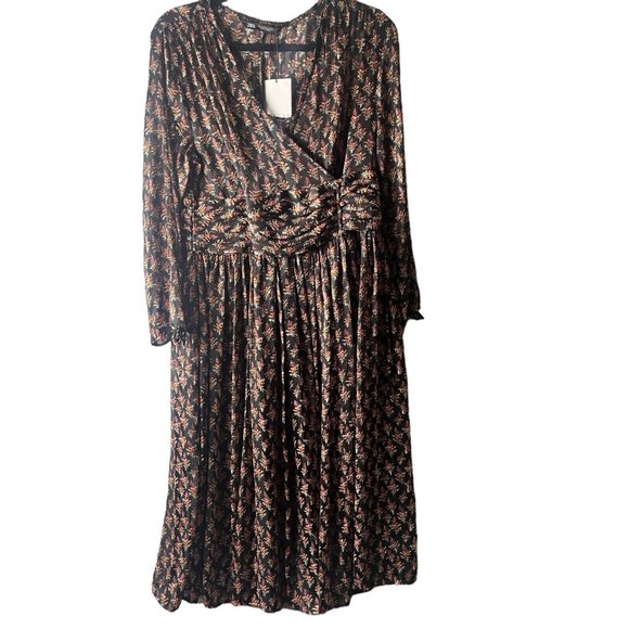 Zara Midi Dress Black SZ XL V-neck Button Wrap Floral Printed NWT - Picture 1 of 13